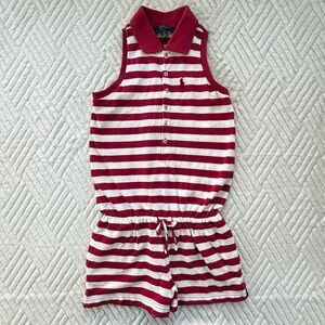 Polo Ralph Lauren Girls Small 7 Romper Red White Stripe Pony Summer Outfit